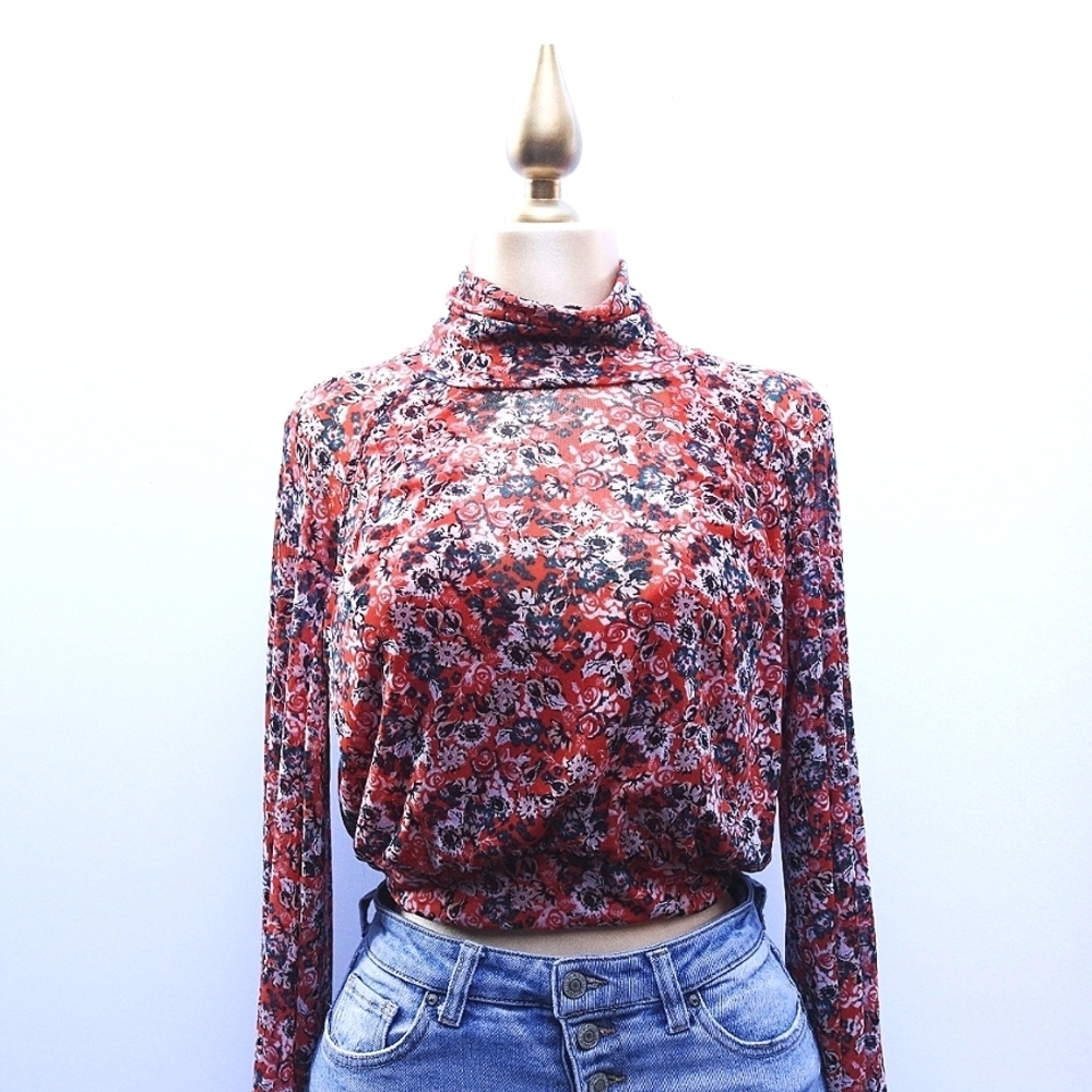 Free People All Dolled Up Red Floral Print Mesh Long Sleeve Crop Top, Size XS